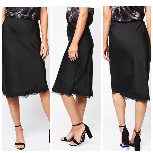 Cupcakes And Cashmere Black Indio Lace Hem Knee Length Slip Skirt NEW L - Picture 1 of 8